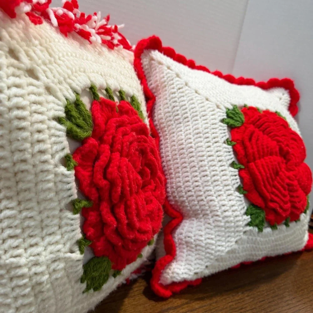 Vintage Handmade Crochet 3D‎ Rose Throw Pillows Set of 2 White & Red